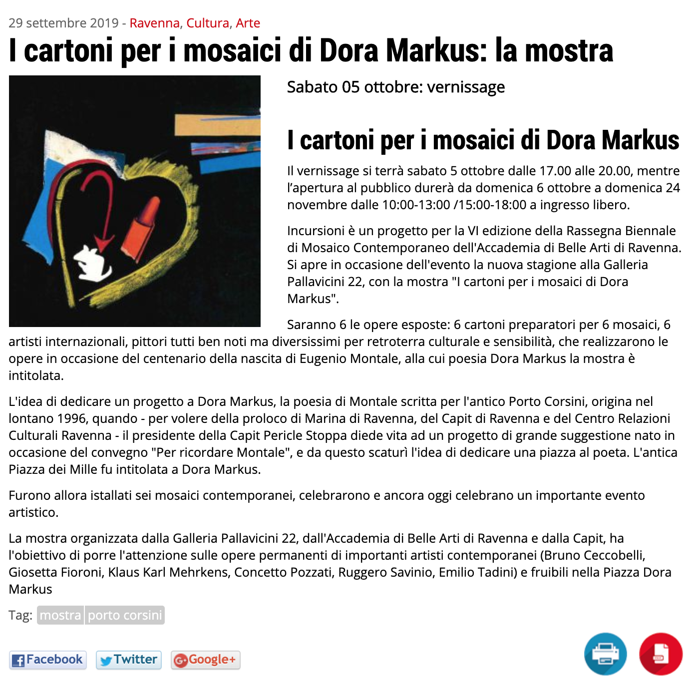 I cartoni per i mosaici di Dora Markus su Ravenna24Ore | Pallavicini22 spazio espositivo Ravenna