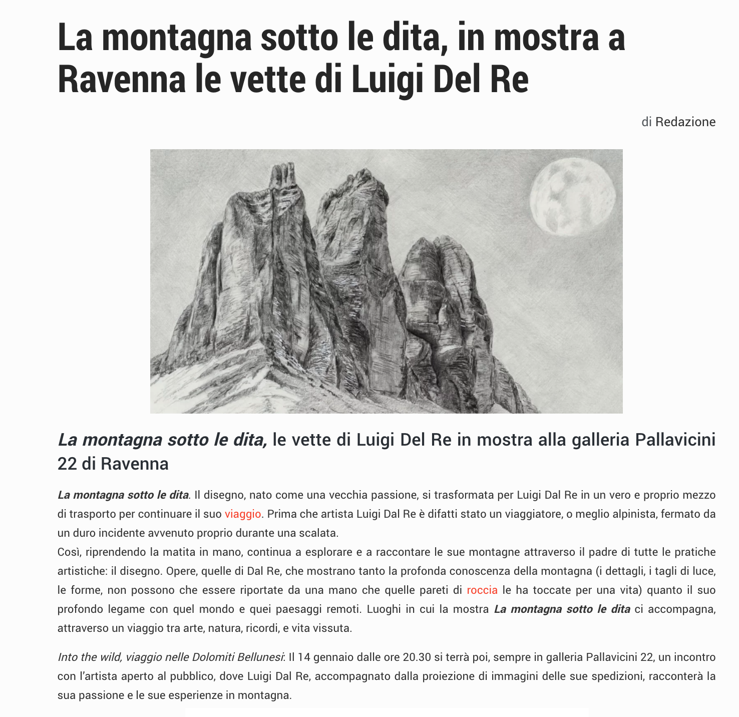 La montagna sotto le dita - Luigi Dal Re su ArtsLife | Pallavicini22 spazio espositivo Ravenna
