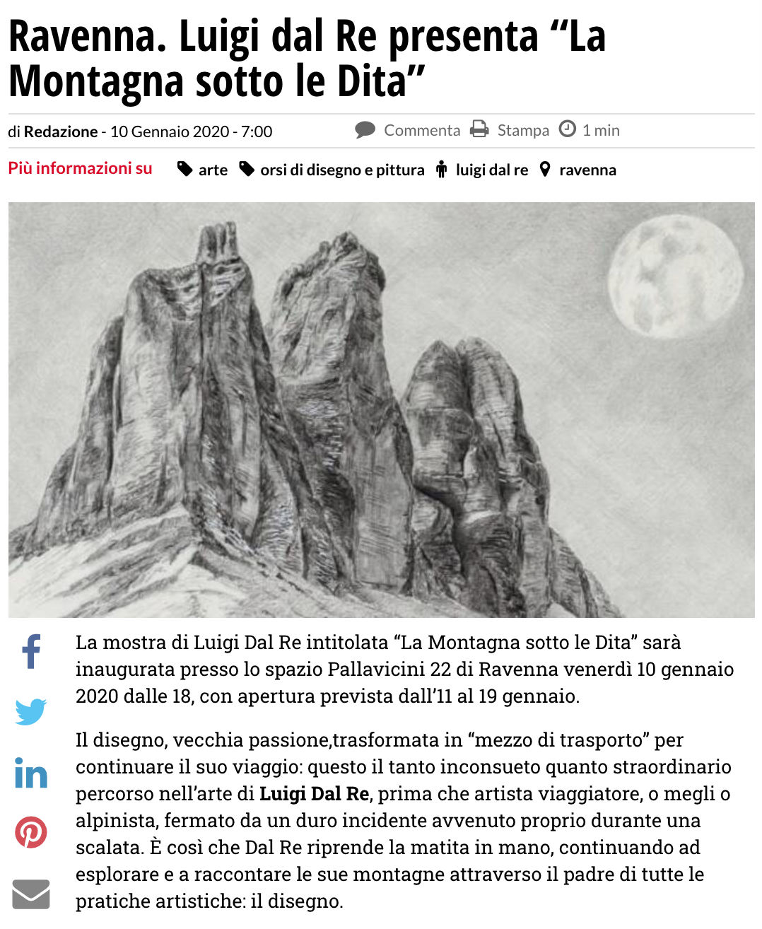 La montagna sotto le dita - Luigi Dal Re su Ravennanotizie.it | Pallavicini22 spazio espositivo Ravenna