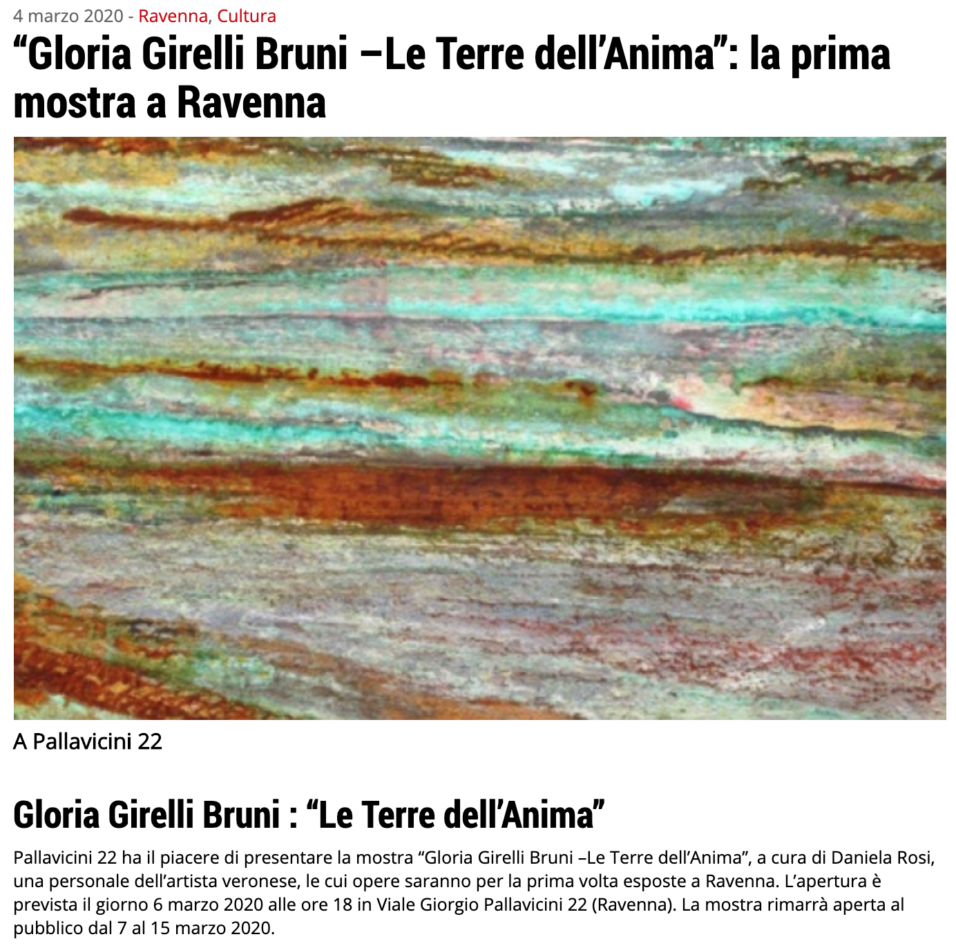 Le Terre dell'Anima di Gloria Girelli Bruni su Ravenna24Ore | Pallavicini22 spazio espositivo Ravenna