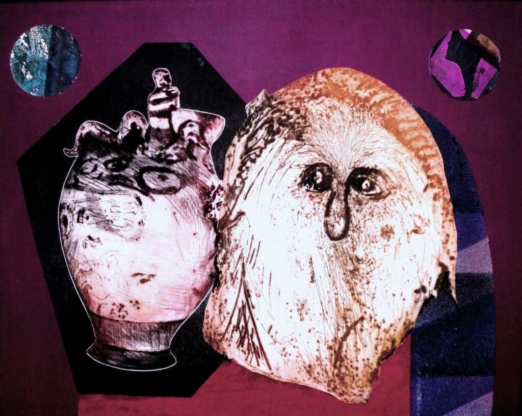 “LE LUNE DI SATURNO” 2002 Acrilici e collage su tela
40 x 50 cm